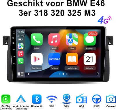 Junsun Android 15 Autoradio - Geschikt voor BMW E46 3er 318 320 325 M3, 6GB+128GB, Draadloze CarPlay & Andriod Auto, DAB+, GPS-navigatiesysteem, Bluetooth, Stuurwielbediening, WiFi, FM, RDS, USB, 9-inch HD Touchscreen, DSP, 4G, Octa-core processor