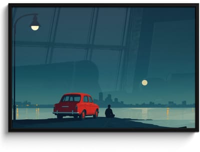 Poster in lijst - Fotolijst 120x80 cm - Posters - Auto - Volle maan - Uitkijkend over water - Posterlijst zwart - Decoratie - Wanddecoratie woonkamer - Muurdecoratie slaapkamer
