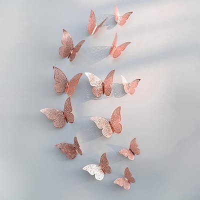Finnacle - Creëer een betoverende sfeer met Vlinder Muurstickers - Verfraai je muren met deze prachtige muurdecoratie in verschillende afmetingen - 12 stuks in glinsterend rose goud