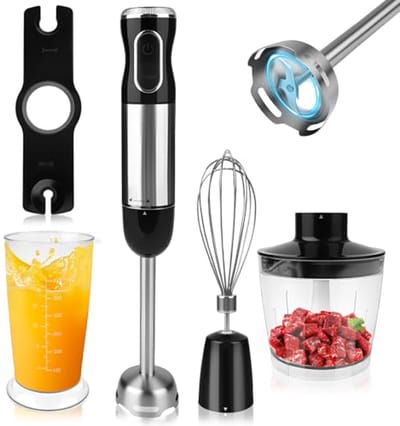 4-in-1 staafmixerset met hakmolen en maatbeker - 1000 W, roestvrij staal