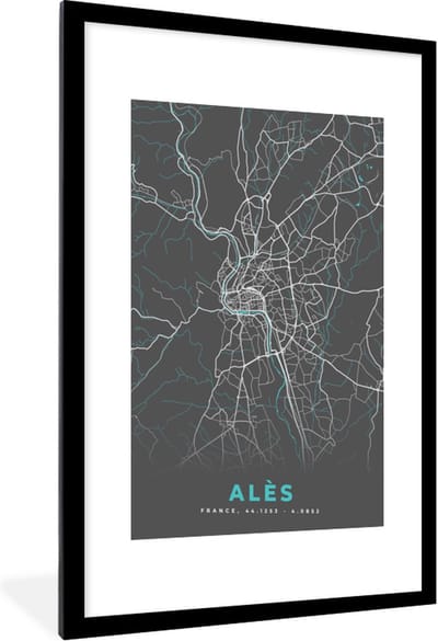 Fotolijst incl. Poster - Alès - Plattegrond - Kaart - Stadskaart - Frankrijk - 60x90 cm - Posterlijst