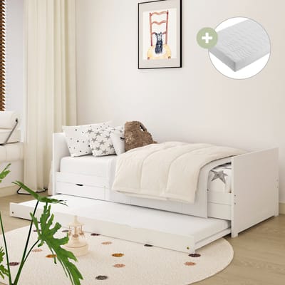 Sunny Eli Kinderbed – Onderschuifbed - Met 3 Opberglades – Kinderbed met Uitschuifbed - 206 x 97 x 75 cm – Peuterbed Meisjes en Jongens – FSC 100% Hout – Met Lattenbodem – Kajuitbed - Inclusief Matras – Wit