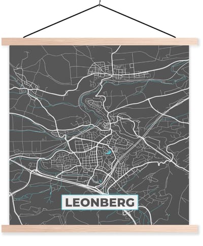 Posterhanger incl. Poster 40x40 cm - Schoolplaat - Leonberg – Stadskaart – Blauw – Plattegrond – Stadskaart – Kaart - Duitsland - Textielposter - Blanke latten - Stadskaart