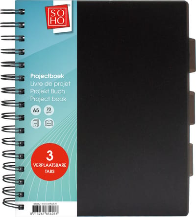 SOHO Projectboek – Collegeblok – Lijntjespapier – 3 verplaatsbare tabs – 200 vellen – A5 – Zwart