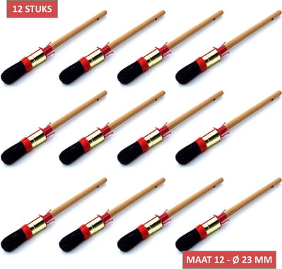TQ4U Patentpuntkwast Maat 12 - Rond - Varkenshaar - Messing Bus - Gewaxte steel - Alkyd - Voor Alle Verfsoorten - Set van 12 Kwasten