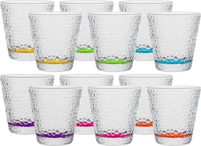 Vivalto Waterglazen/drinkglazen Colorama - 12x stuks - transparant/kleurenmix bodem - 310 ml - 9 x 9 cm