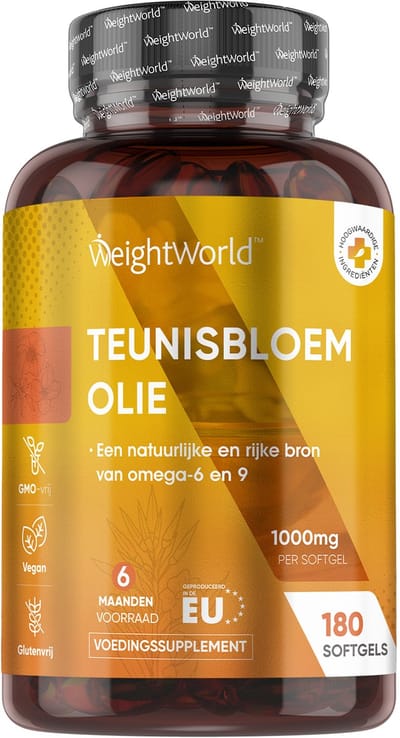 WeightWorld Teunisbloemolie capsules - 1000 mg - Rijk aan Omega 6 & 9 - 180 softgel capsules voor 6 maanden voorraad - Vegan