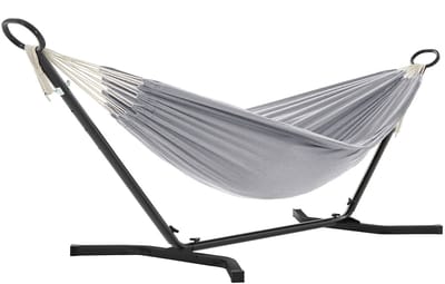 SONGMICS Hangmat met frame, 210 x 150 cm, verstelbaar in 5 verschillende hoogtes, metalen frame, belastbaar tot 240 kg, voor tuin, zwart frame en grijze hangmat GHS001G01