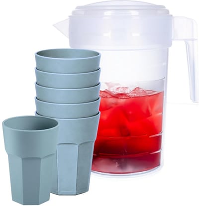 Plasticforte Waterkan van 2 Liter - transparant - kunststof - met 6x stuks onbreekbare drinkglazen - blauw - 520 ml