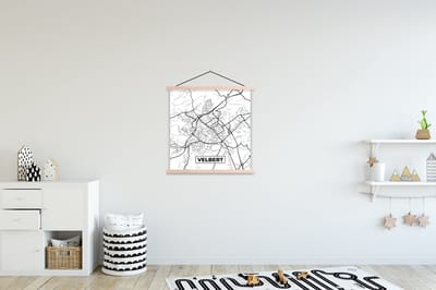 Posterhanger incl. Poster 60x60 cm - Schoolplaat - Velbert - Kaart - Plattegrond - Stadskaart - Textielposter - Blanke latten - Stadskaart