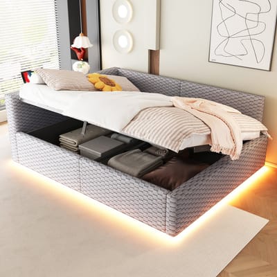 MODFU - Gestoffeerd Bed - Hydraulische Opbergruimte - LED En USB-C - L-Vormige Rugleuning - Modern - Fluweel - Grijs - 140 X 200 Cm