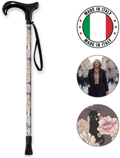 MQ Wandelstok Verstelbaar 55-94 cm voor volwassen en senioren - Bloemenprint met kat - Inschuifbaar met ergonomisch handvat - Met antislip voet voor extra veiligheid en stabiliteit - Ultralicht materiaal met ondersteuning tot 110kg
