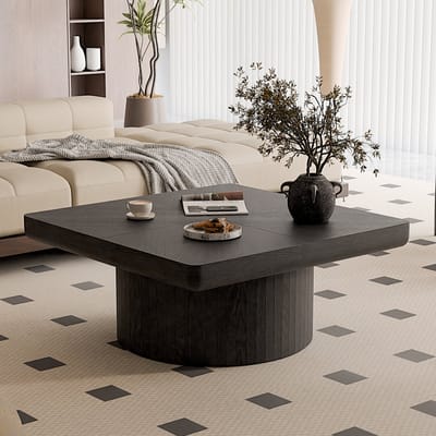 Salontafel - 78 × 78 cm - Vierkant Houtfineer met Cilindrische Basis - Modern Design - Hout - Zwart