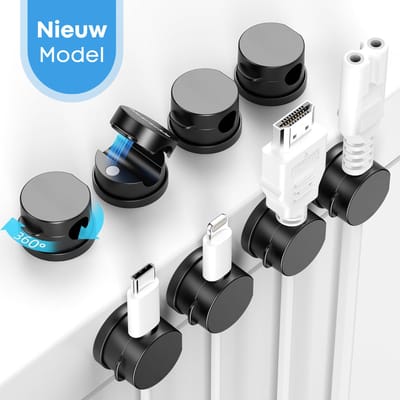FOXLY® Magnetische Kabel Houder 6 stuks Rond - Zwart - Kabel Clips - Bureau Organizer - Zelfklevend - Kabel management