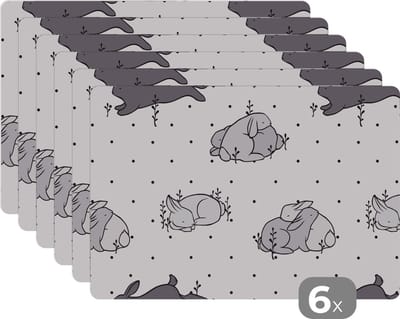 Placemat - Placemats kunststof - Konijnen - Dieren - Slaap - Kinderen - Patronen - 45x30 cm - 6 stuks - Hittebestendig - Anti-Slip - Onderlegger - Afneembaar