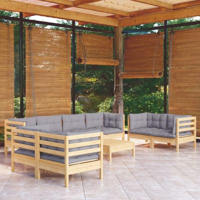 vidaXL - 9-delige - Loungeset - met - grijze - kussens - massief - grenenhout