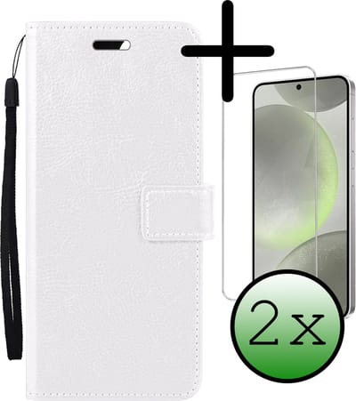 Hoesje Met 2x Screenprotector - Geschikt voor Samsung Galaxy S24 - Luxe Pasjeshouder - Bookcase Portemonee - Flip Case - Kunstleer Book Case - Flipcase Hoes - Book Cover - Walletcase - Portemonneehoes - Wit