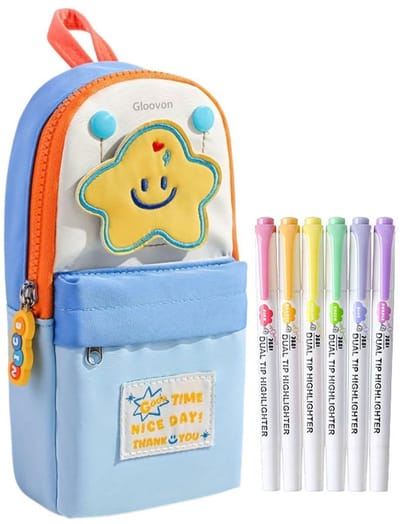 Gloovon® Luxe 3D Etui - Stand-up Pennenzak - Inclusief 6 Dual-tip Markeerstiften - Schoolspullen - Blauwe Ster