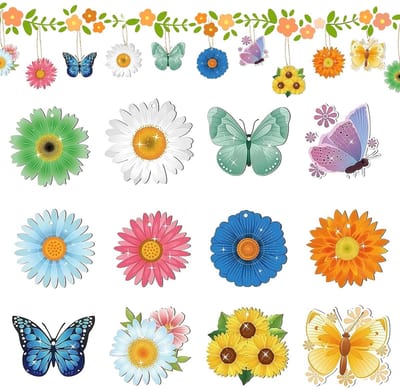 Dailygoods- Lentedecoratie 24-delige set - Houten Hangers - Raamdecoratie - Hangende Vlinderdecoratie - Bloemen - Natuurgetrouwe vormen - Decoratie