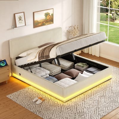 Moderne gestoffeerde bedden met ledverlichting en USB-C-oplaadfunctie, in hoogte verstelbaar hoofdeinde, corduroy bekleding, stevig lattenframe, grote opbergruimte onder het bed en comfortabel gestoffeerd hoofdeinde. 180*200 Beige