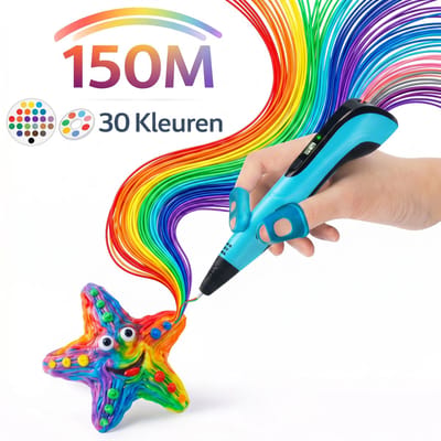 Sercano 3D Pen Starterspakket XXL - 150 m filament - 30 kleuren - ABS & PLA - incl. tekenmat, boek, USB-C-lader en opbergcase - voor Kinderen 8+ - blauw