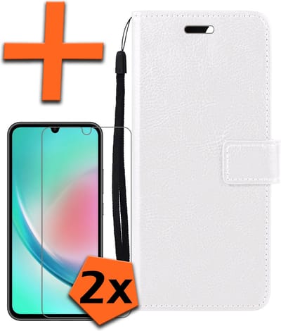 Hoes - Met 2x Screenprotector - Geschikt voor Samsung Galaxy A34 - Luxe Pasjeshouder - Bookcase Portemonee - Flip Case - Kunstleer Book Case - Flipcase Hoes - Book Cover - Walletcase - PortemonneeHoes - Wit