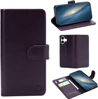 Casemania Echt Leren Hoesje Geschikt voor Apple iPhone 17 - Dark Purple - Leer Book Cover - Portemonnee Telefoonhoesje met Pasjeshouder