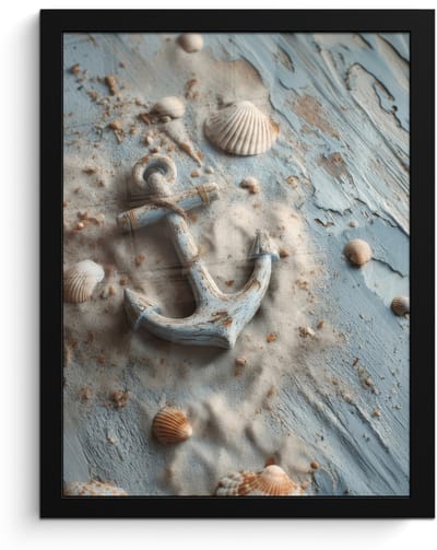 Poster in lijst - Fotolijst 30x40 cm - Posters - Anker - Hout - Schelpen - Zand - Posterlijst zwart - Decoratie - Wanddecoratie woonkamer - Muurdecoratie slaapkamer