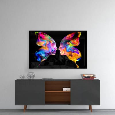 Glasschilderij – Abstracte Gezichten in Kleur – Moderne Kunst – Artistieke Wanddecoratie - 72x46 cm
