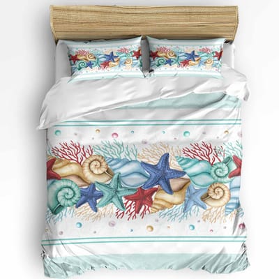 Blauw Marine Koraal Schelpen Zeester Dekbedovertrek met Kussensloop Aangepaste 3-delige Beddengoedset Dekbedovertrek Tweepersoonsbed Huistextiel EU SK(260x220cm)