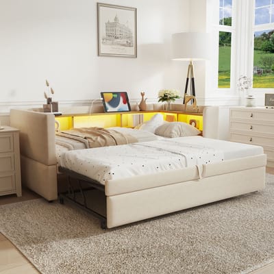 STILVORA Gestoffeerd bed 90/180x190 cm – Uittrekbaar slaapbank met LED & stopcontact – Met meerdere opbergvakken – Flanelle – Beige – Zonder matras