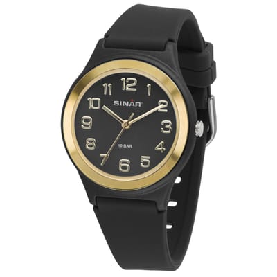 Sinar - Horloge Kind / Tiener / Jeugd - Kinderhorloge Jongen / Meisje - Tiener / Jeugd - 10 bar Waterdicht - Analoog - Zwart / Goud - Ø 36 mm - Stevig Siliconen bandje - Verstelbaar (13 - 18,5 cm) - Edelstalen Sluiting - Quartz - XB-48-10