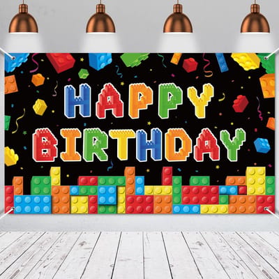 By shayne - Bouwstenen Verjaardagsbanner - Groot Formaat - 182,8 x 100 cm - Bouwstenen Party Decoratie - Fotografie Achtergrond - Geschikt vo...