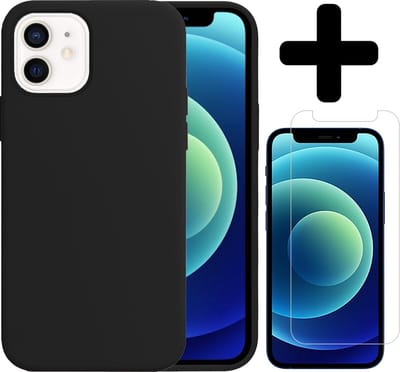 Hoesje - Met Screenprotector - Geschikt voor Apple iPhone 12 - Sterk & Shockproof - Telefoon Hoes - Back Cover - Siliconen Case - Telefoonhoes - Zwart