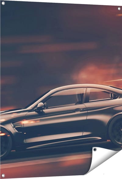 Gards Tuinposter Zwarte Sportwagen Auto met Vlammen - 80x100 cm - Tuindoek - Tuindecoratie - Wanddecoratie buiten - Tuinschilderij