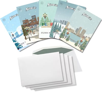 Inspra Studio – Luxe Kerstkaarten met Enveloppen – 5 Stuks – Almere Stad Wenskaarten – Artistieke Illustraties van Nederlandse Steden
