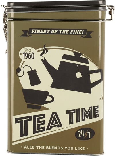 Excellent Houseware Thee bewaarblik - metaal - retro print bruin - 13 x 18 cm - theezakjes en losse thee