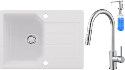 Anycee MAX Spoelbak Keuken 65x45CM - Granieten Spoelbak Wit - Wasbak Keuken Met keukenkraan met 2 straalsoorten en Zeepdispenser - Spoelbakken Keuken Met Kraangat - Met Druiprek en Sifon