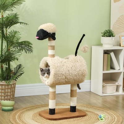 Wishdor - Krabpaal - Schapen-design met tunnel en speeltje - Speelse krabmeubel voor woonkamer - Polyester - Bruin - 98 cm