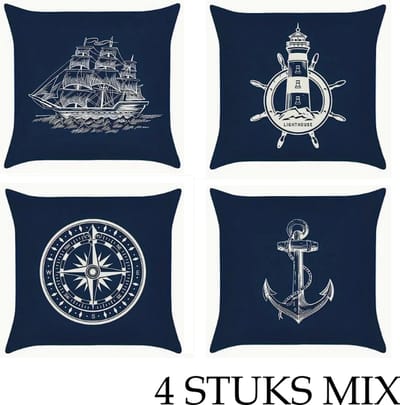 Allernieuwste.nl® SET van 4 Kussenhoezen Nautisch 1 - Sierkussenhoezen - 45x45cm - Vintage Stijl