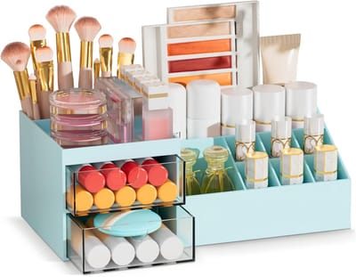 Cosmetische opbergbox met lades - blauwe make-uporganizer voor kaptafel en badkamer