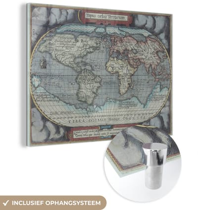 ® Glasschilderij 80x60 cm - Schilderij acrylglas - Wereldkaart - Vintage - Atlas - Foto op glas - Muurdecoratie woonkamer - Wanddecoratie slaapkamer - Schilderijen