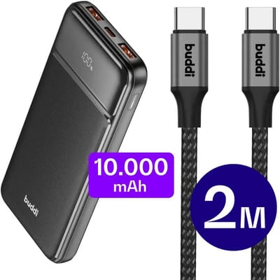 Buddi Boost - 10.000 mAh Powerbank met Buddi Flex USB-C naar USB-C Kabel 2 Meter - Reisformaat - LED Display - USB-A & USB-C Snelladen | Fast Charge | Power Delivery | 480Mbps Dataoverdracht | Zwart