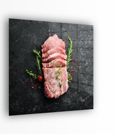 Indoorart - Glasschilderij rauw gekruid varkensvlees 50x50 CM - Afbeelding op plexiglas - Inclusief montagemateriaal