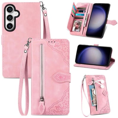 YPCd Portemonnee Bookcase Hoesje Geschikt voor Samsung Galaxy S23 FE – PU Leren Wallet Flip Cover met Ritssluiting – Pasjesvakken & Polsbandje – Standfunctie – Bloemen – Roze