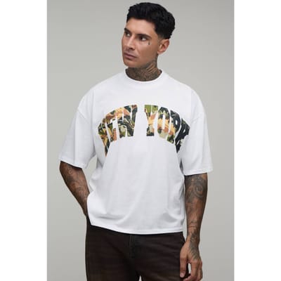 Lang Wit Oversized Boxy New York Camo Print T-shirt | White | Size Large