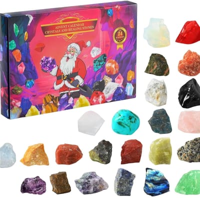 Kristallen adventskalender 2026 met helende kristallen en natuurlijke edelstenen - aftelkalender voor 24 dagen tot Kerstmis