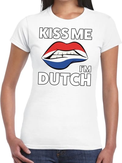 Kiss me I am Dutch t-shirt wit dames - feest shirts dames - Holland kleding XS