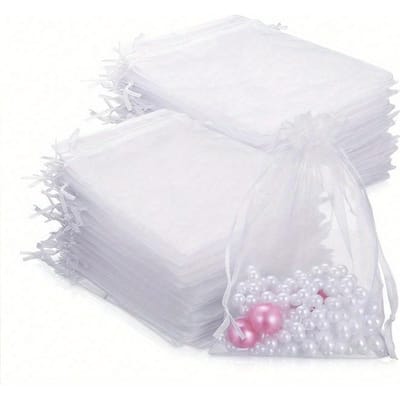 Sacs Organza à Cordon Coulissant Anniversaire Sacs Cadeaux Sacs d'Emballage Bijoux, Bonbons, Papeterie et Autres Petits Objets. Convient également pour la décoration, l'emballage de fruits 10Pcs blanc