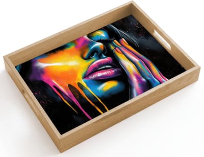 Dienblad hout 40x30 cm - Schootdienblad - Vrouw - Gezicht - Verf - Kunstzinnig - Borrelplank rechthoek - Plateau dienbladen